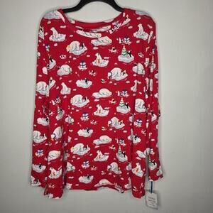 Sleep Sense Womens 2X Pajama Top Red Polar Bear Pattern Presents Long Sleeve